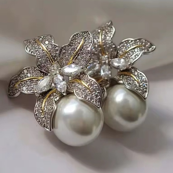 Anthropologie Jewelry - Luxury Pearl Flower Earrings – Crystal Bloom Studs, Elegant Bridal Statement